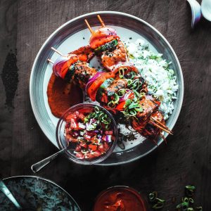 Chicken skewers with rice